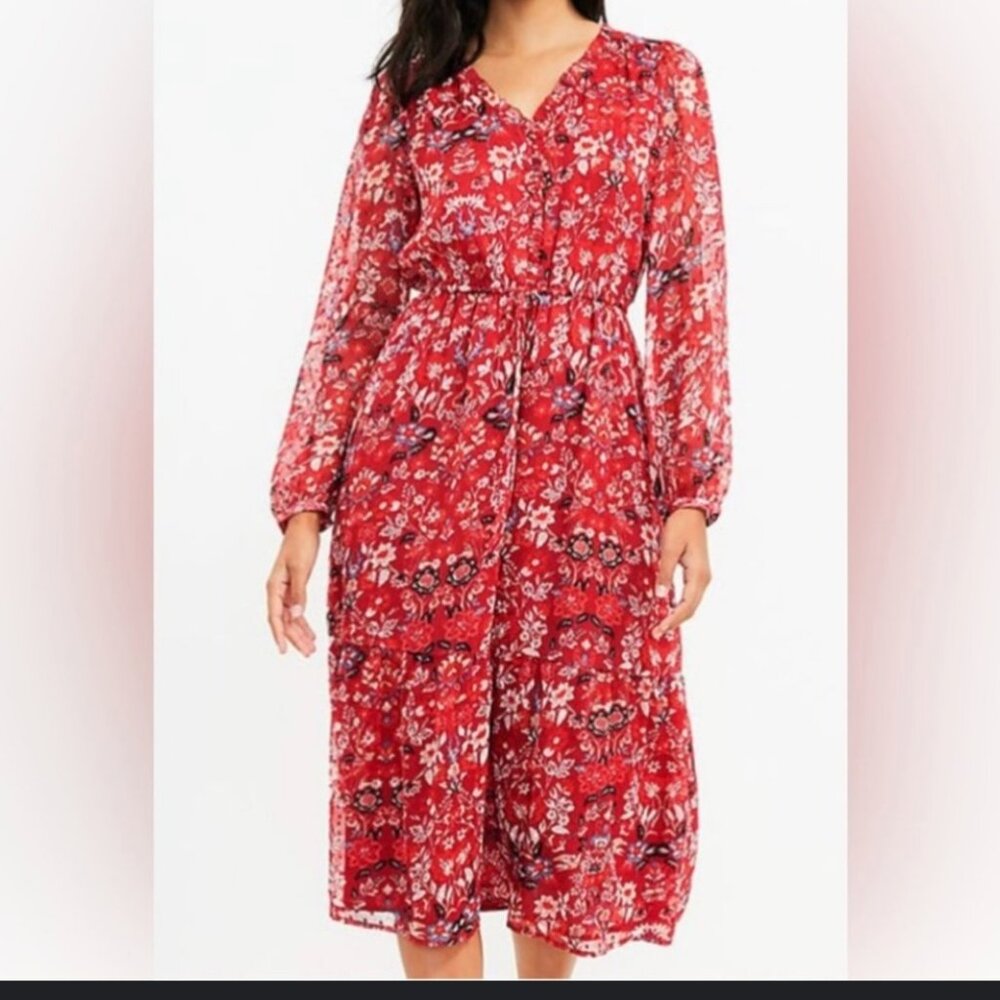 LOFT Red Floral Midi Dress